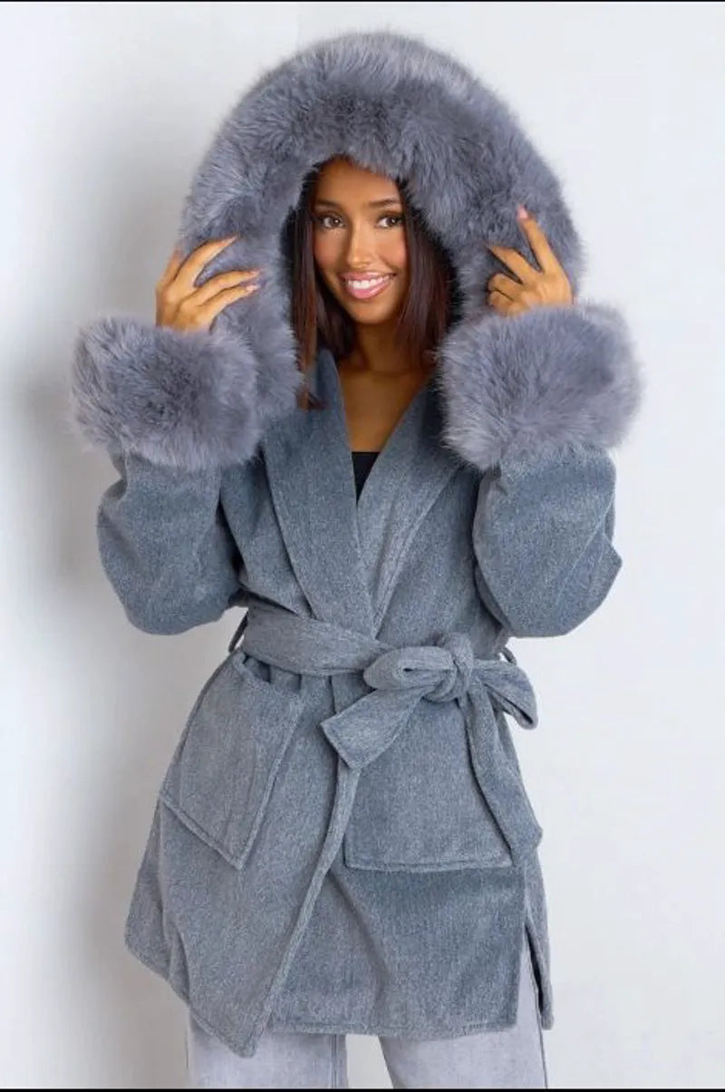Gray tailored jacket with faux fur