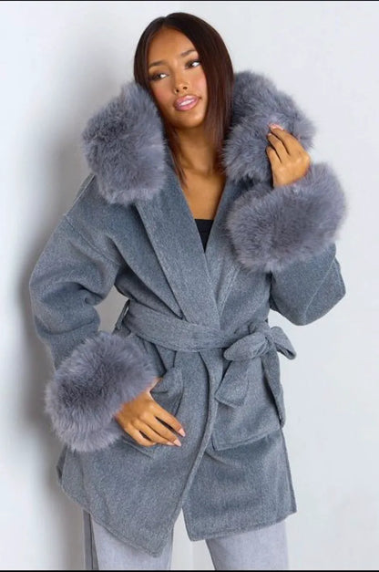 Gray tailored jacket with faux fur