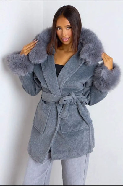 Gray tailored jacket with faux fur