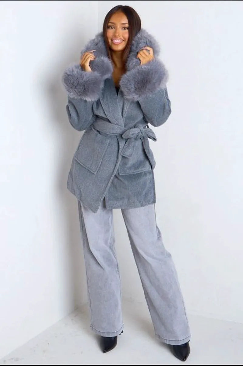 Gray tailored jacket with faux fur