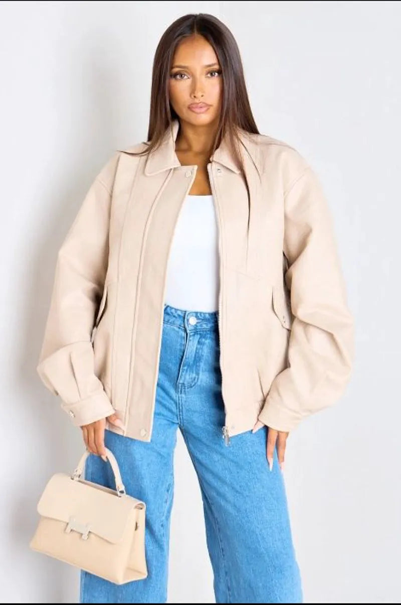 Beige faux leather cropped jacket