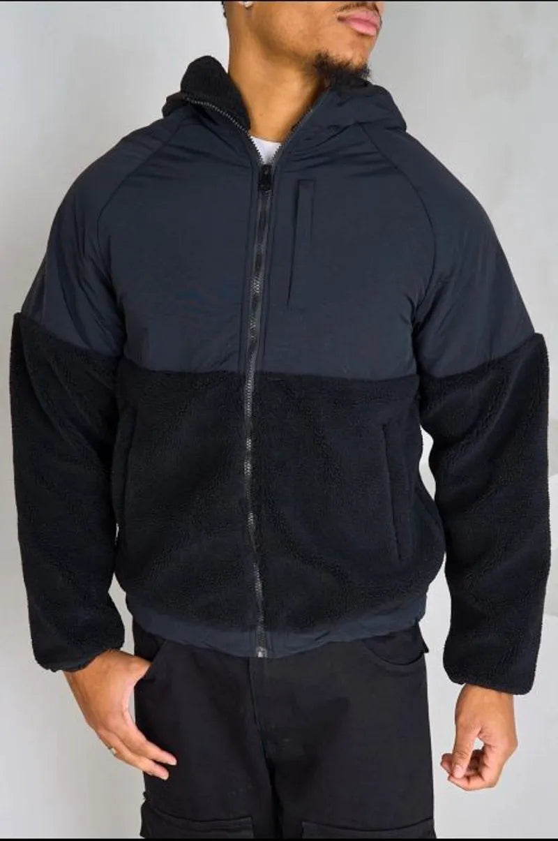 Black short dual-fabric hooded jacket