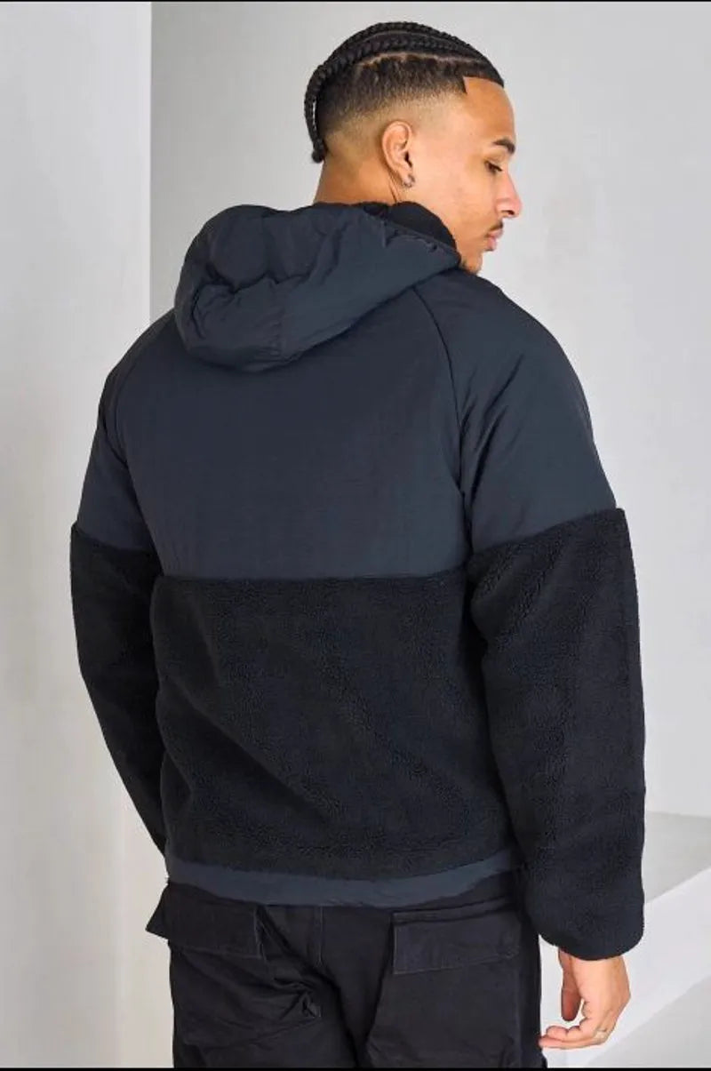 Black short dual-fabric hooded jacket