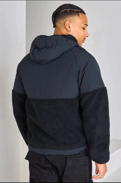 Black short dual-fabric hooded jacket