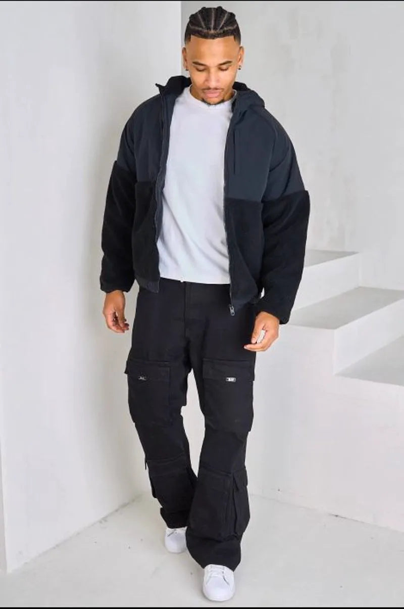 Black short dual-fabric hooded jacket