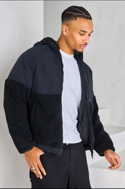 Black short dual-fabric hooded jacket