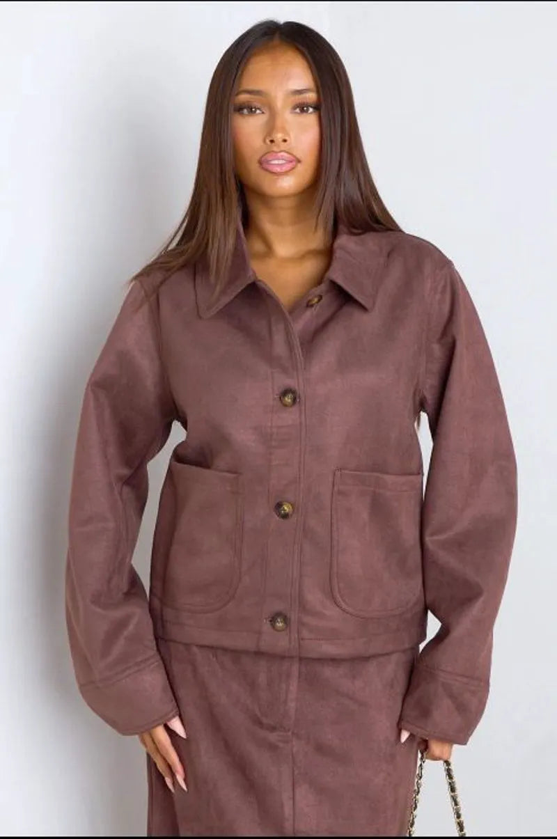 Burgundy suede-textured cropped jacket