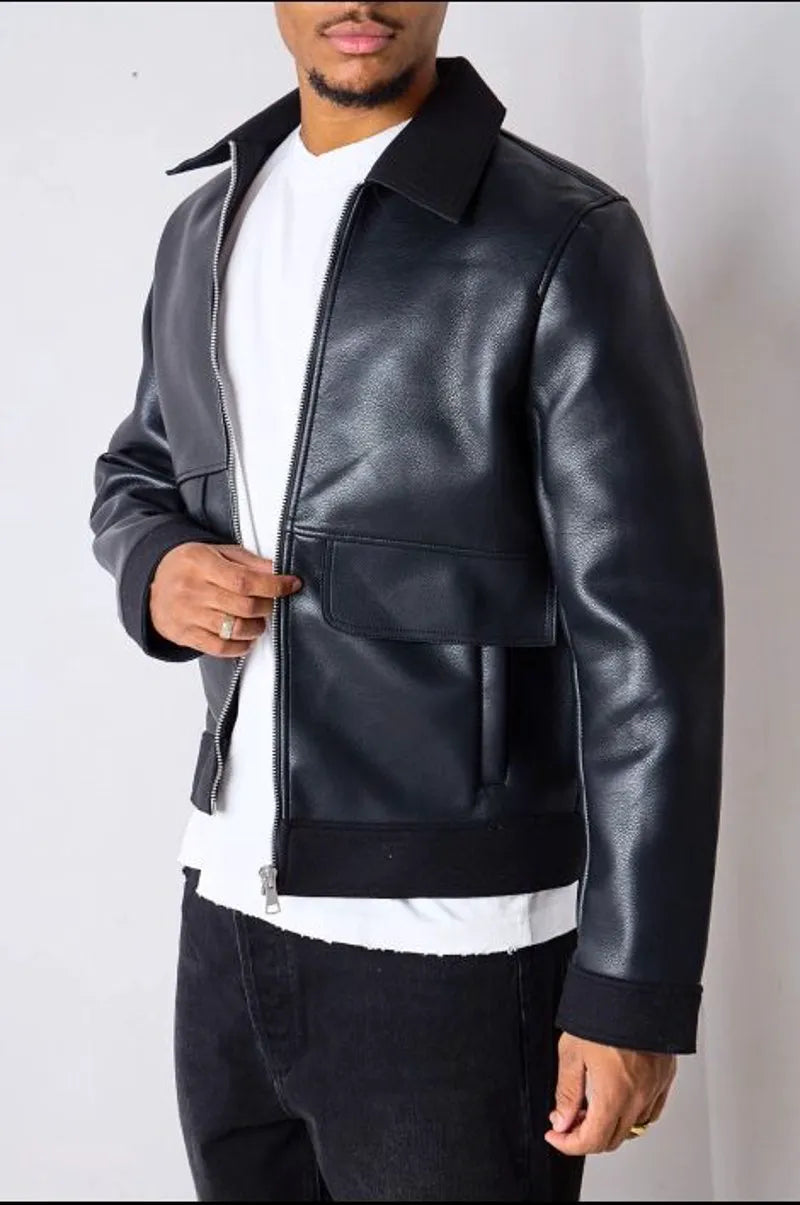 Black leather jacket with fleece lining