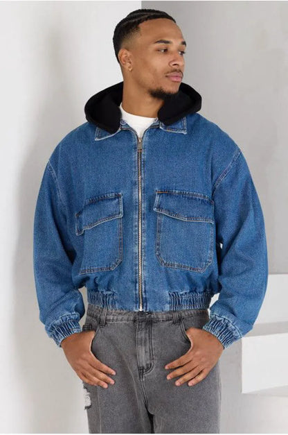 Blue dual-fabric denim jacket with hood