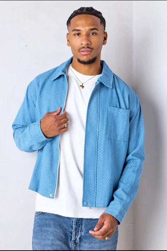 Blue denim jacket with stripe pattern