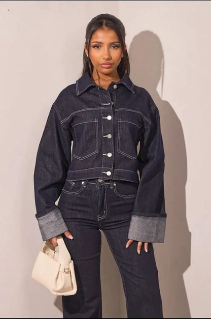 Dark blue cropped denim jacket with visible stitching