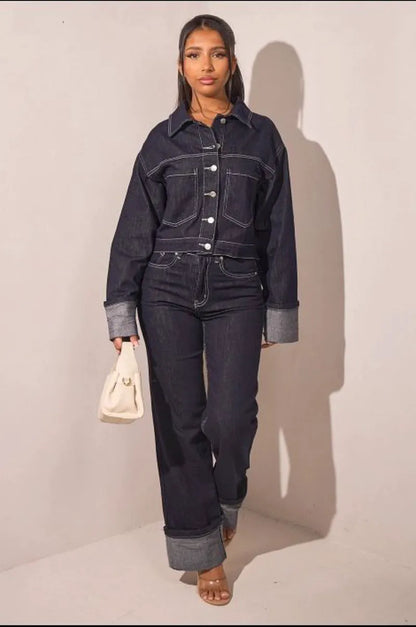 Dark blue cropped denim jacket with visible stitching