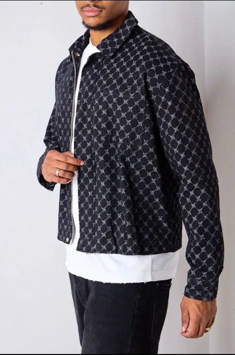 Black denim jacket with cross pattern