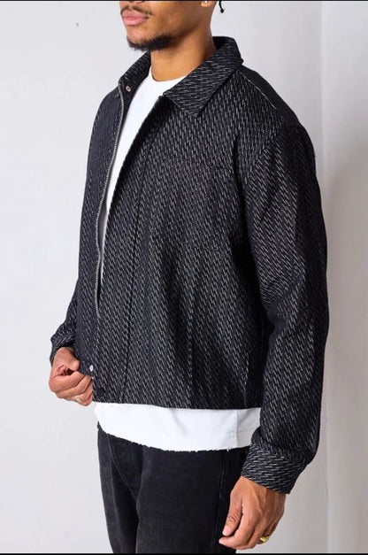 Black denim jacket with line pattern