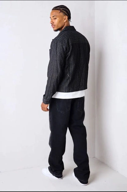 Black denim jacket with line pattern