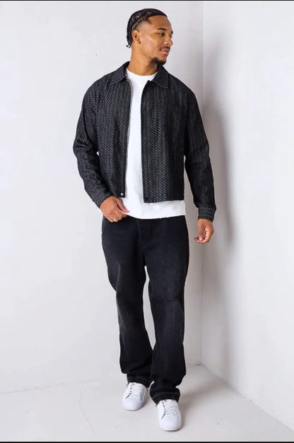 Black denim jacket with line pattern