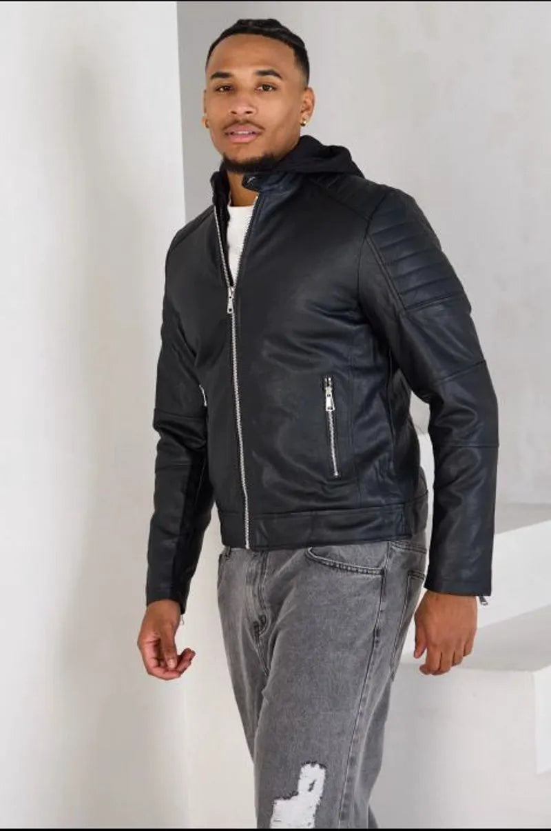 Black faux leather hooded jacket