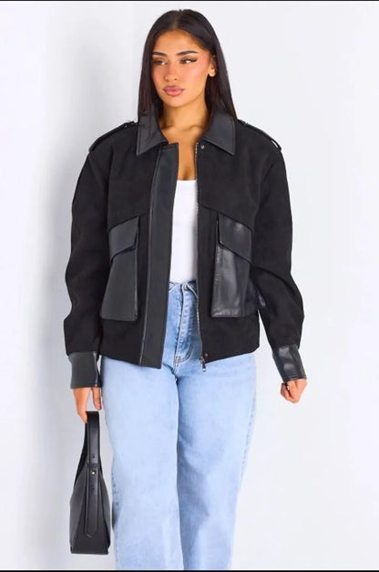 Veste en simili cuir bi-matière noire