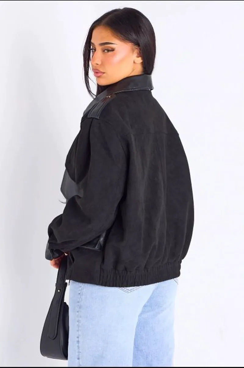Veste en simili cuir bi-matière noire