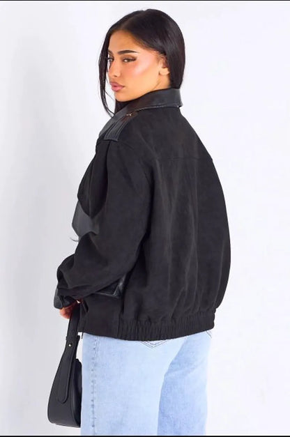 Veste en simili cuir bi-matière noire