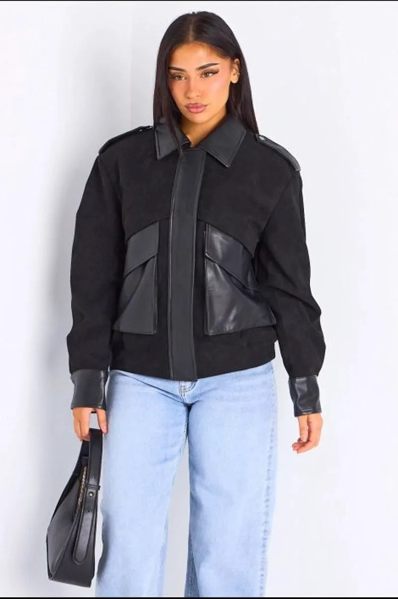 Veste en simili cuir bi-matière noire