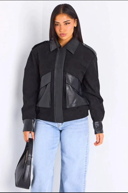 Veste en simili cuir bi-matière noire