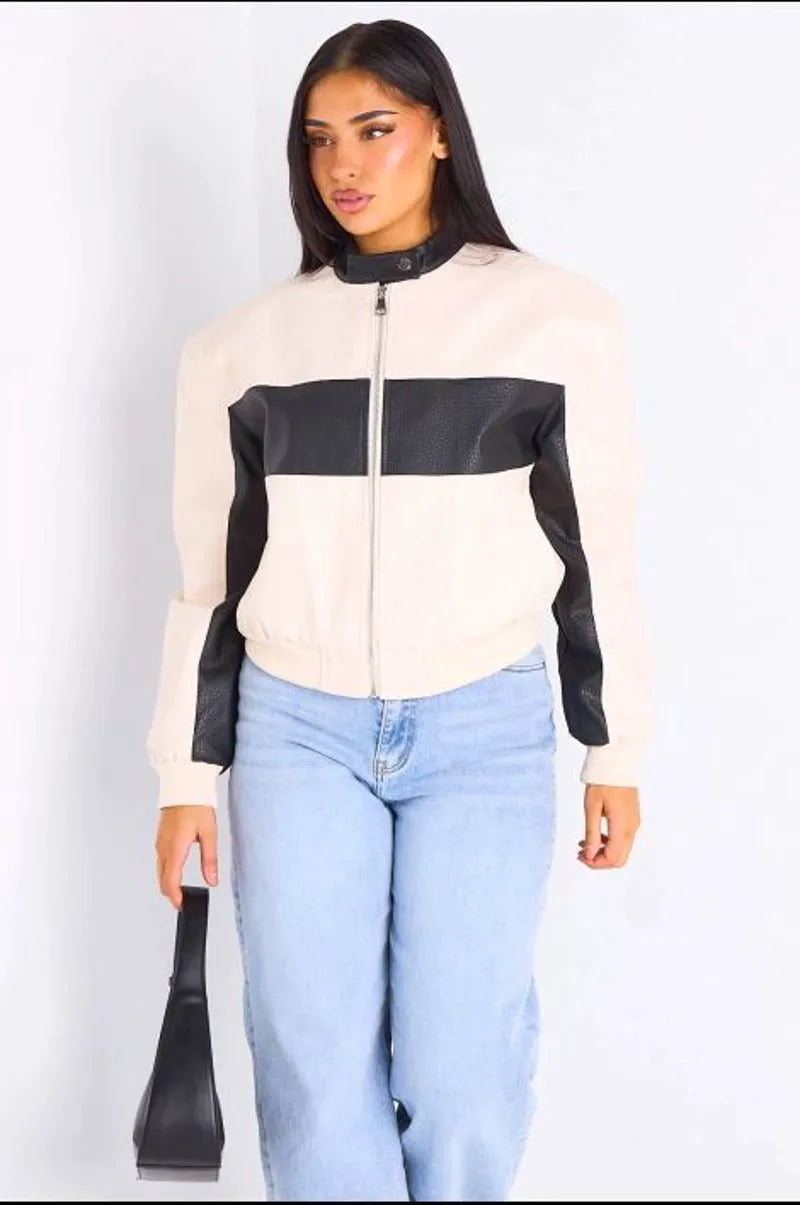 Veste en simili cuir bicolore beige