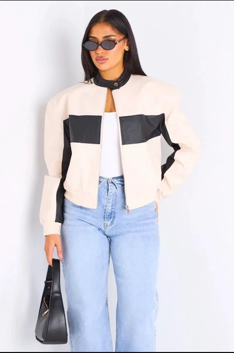 Veste en simili cuir bicolore beige