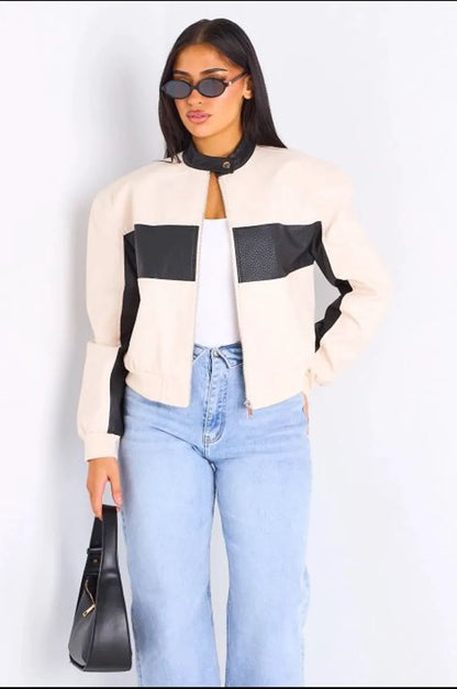 Veste en simili cuir bicolore beige