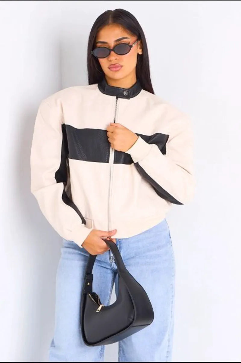 Veste en simili cuir bicolore beige