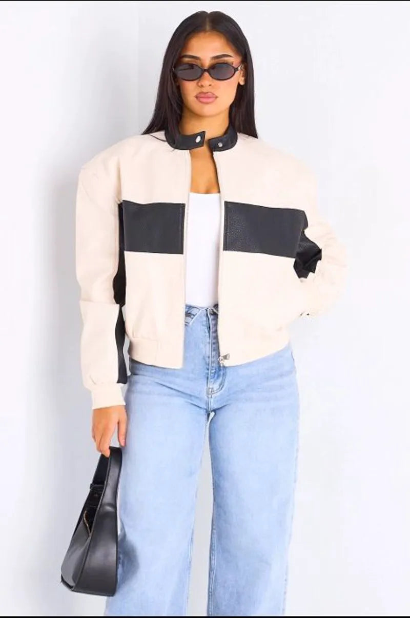 Veste en simili cuir bicolore beige