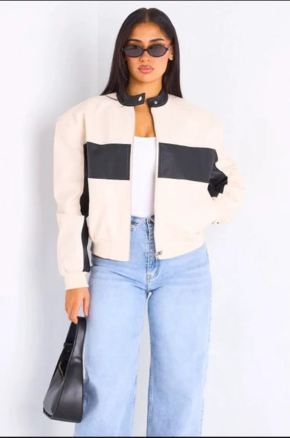 Veste en simili cuir bicolore beige