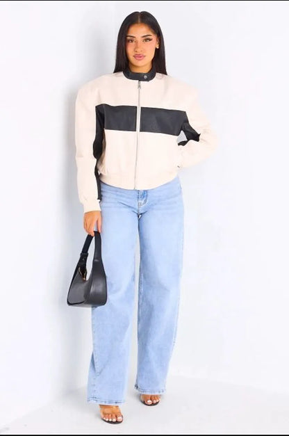 Veste en simili cuir bicolore beige