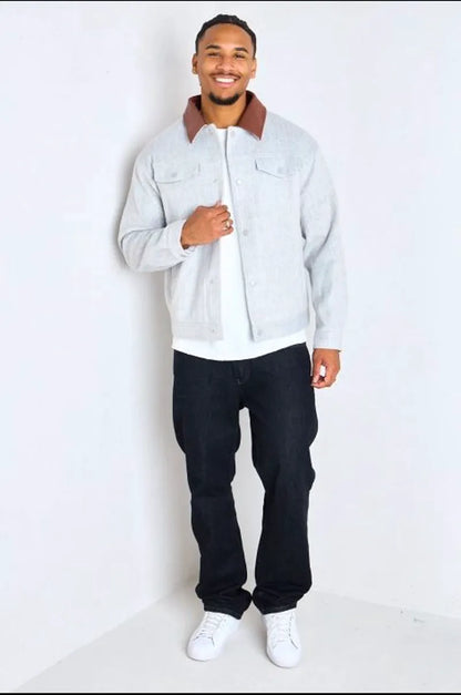 Gray jacket with a brown notched collar