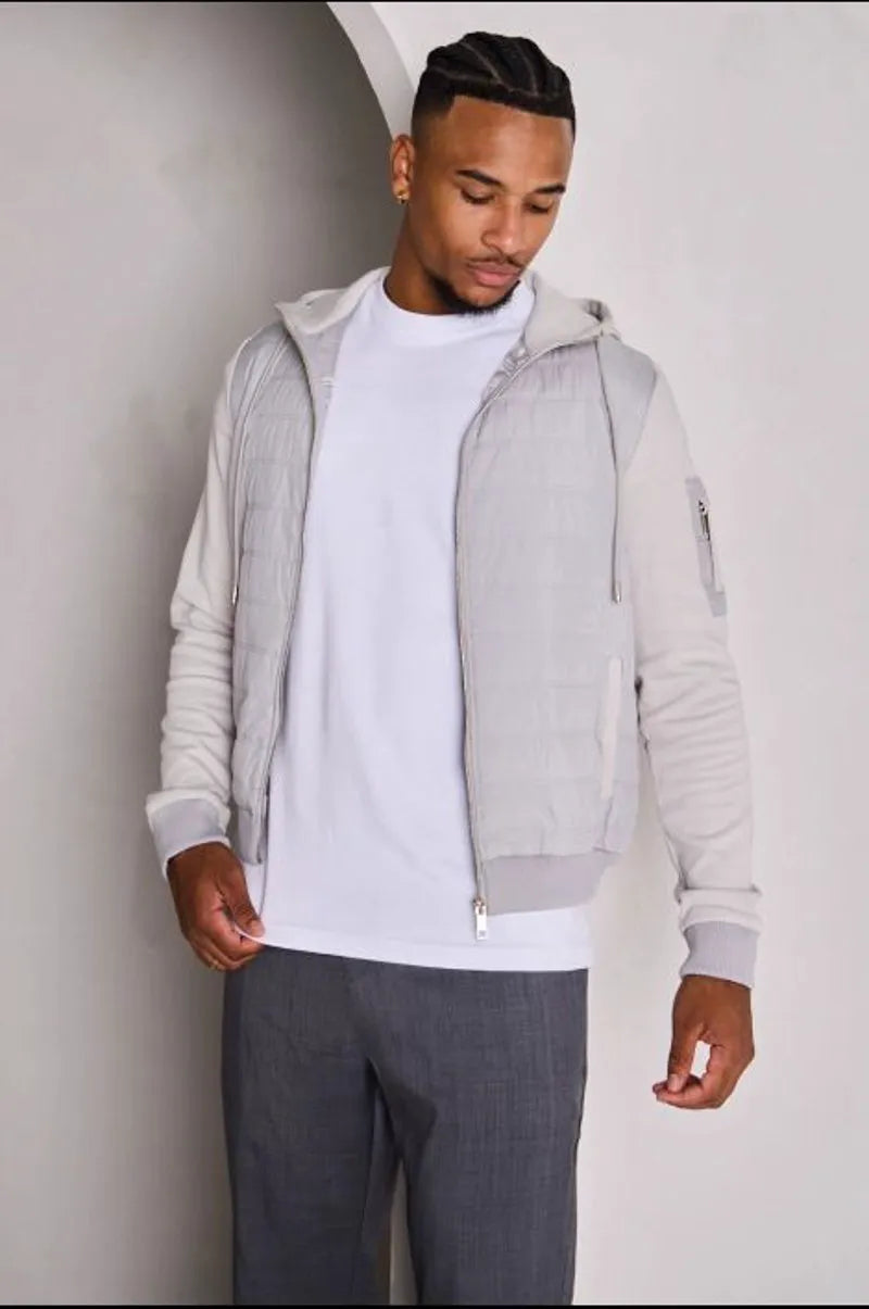 Quilted dual-fabric gray hooded jacket