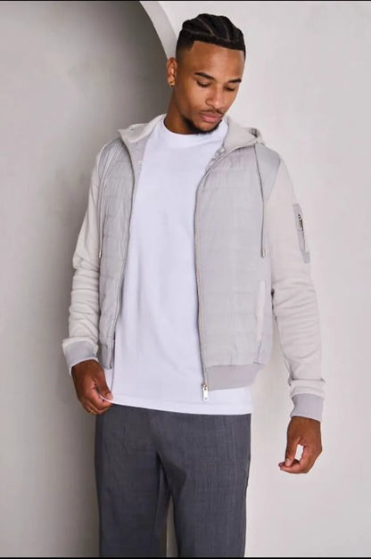 Quilted dual-fabric gray hooded jacket