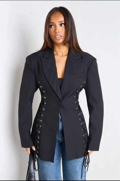 Veste manches longues noire avec effets tressés à col rabat style blazer