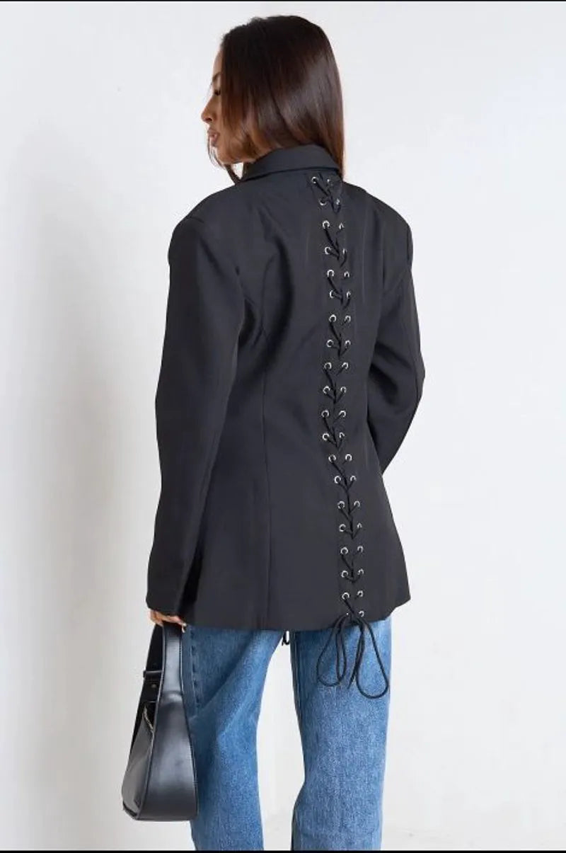 Veste manches longues noire avec effets tressés à col rabat style blazer