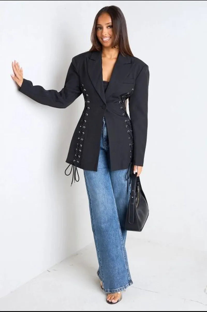 Veste manches longues noire avec effets tressés à col rabat style blazer