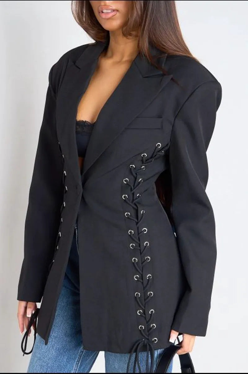 Veste manches longues noire avec effets tressés à col rabat style blazer