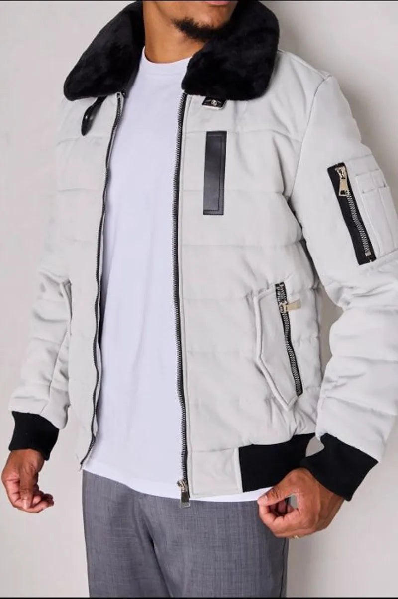 Quilted grey jacket with a fur collar