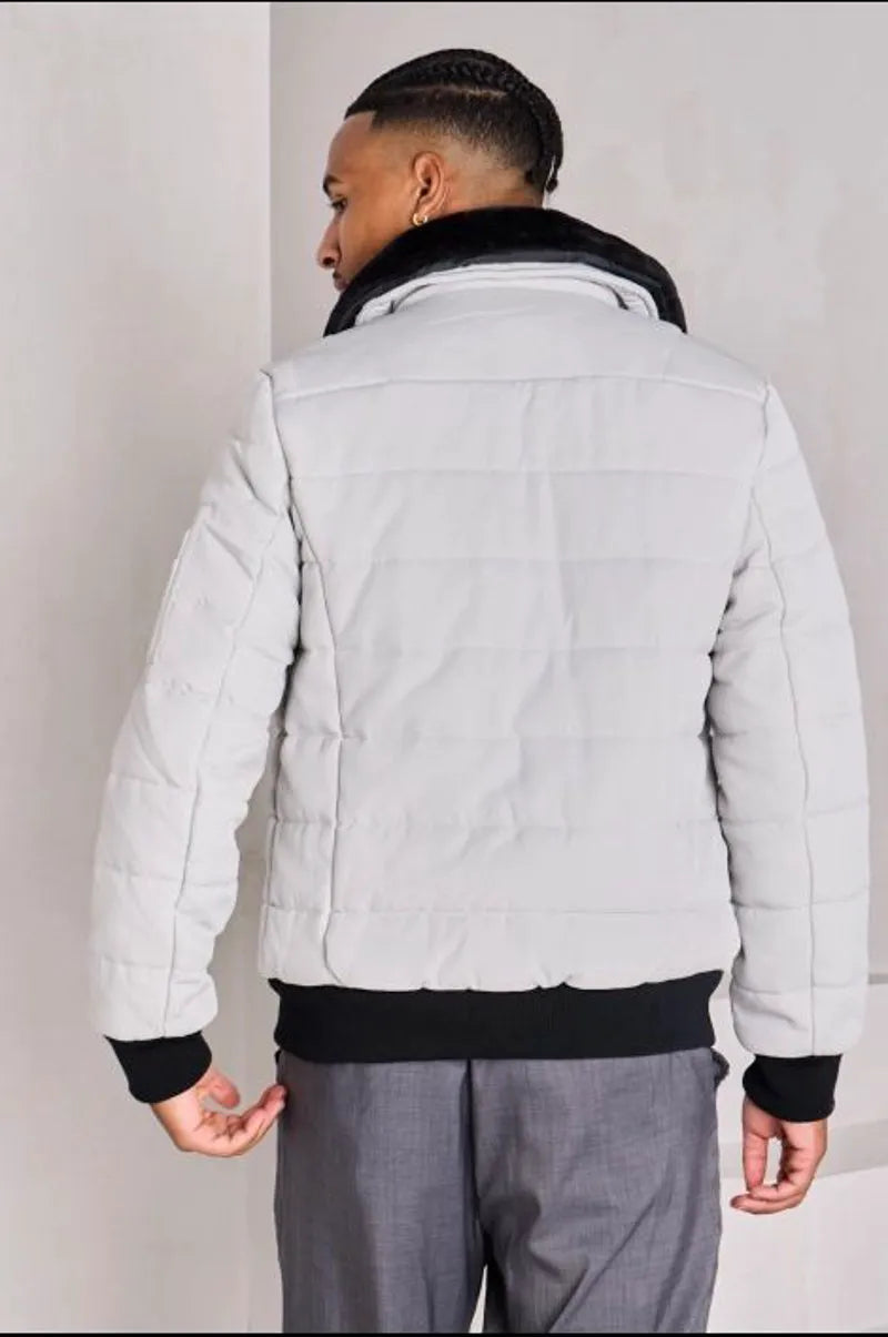 Quilted grey jacket with a fur collar