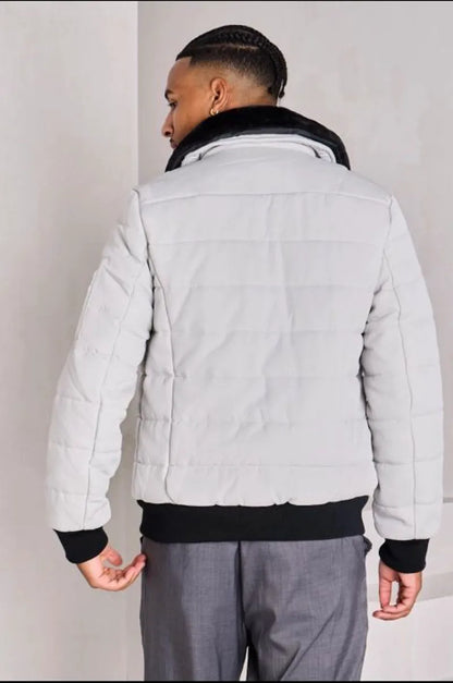 Quilted grey jacket with a fur collar