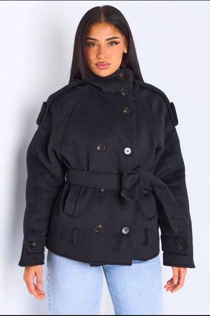Veste mi-longue duveteuse ceinturée  noire