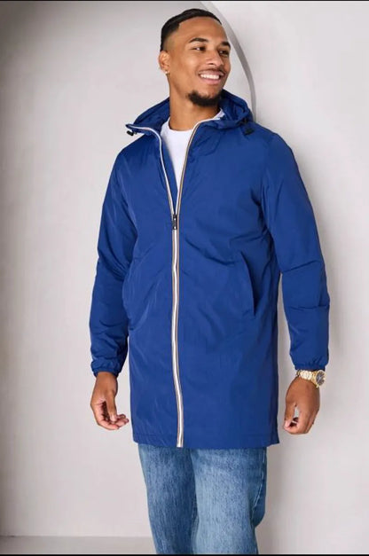 Dark blue mid-season hooded jacket