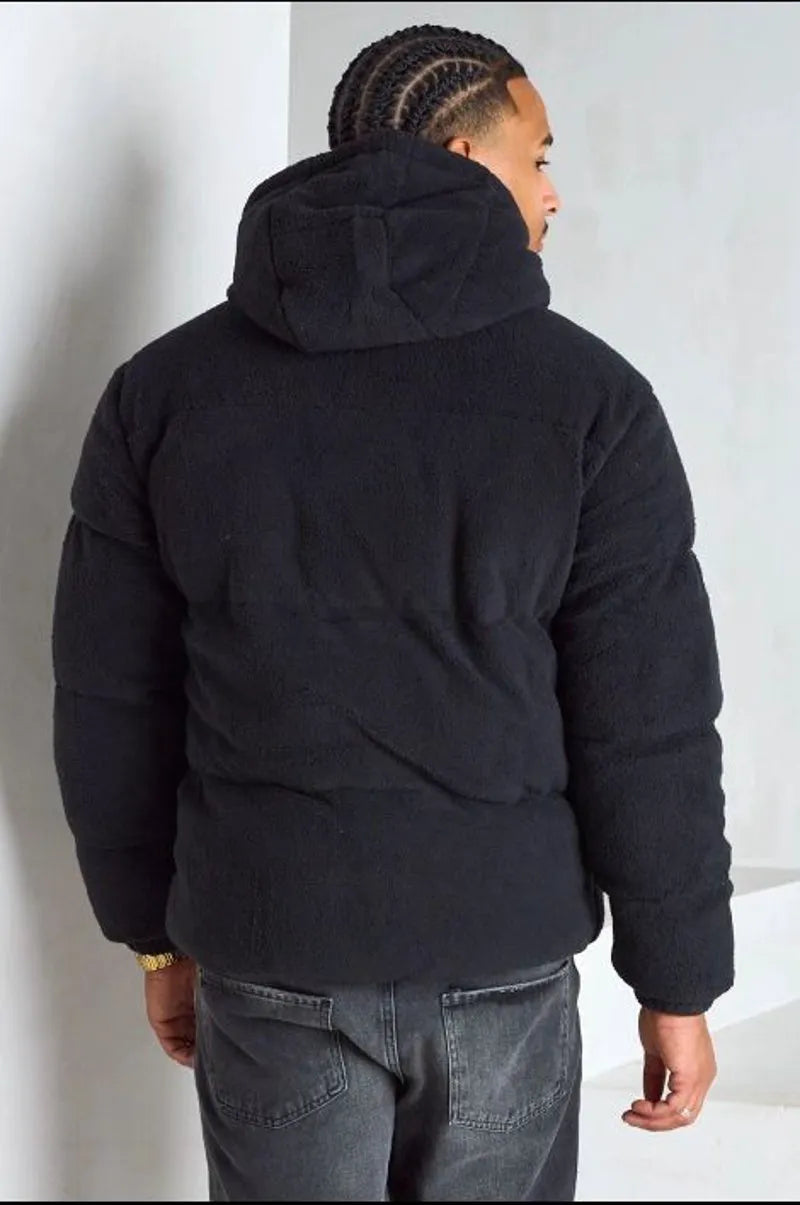 Veste noire à capuche style bomber effet mouton