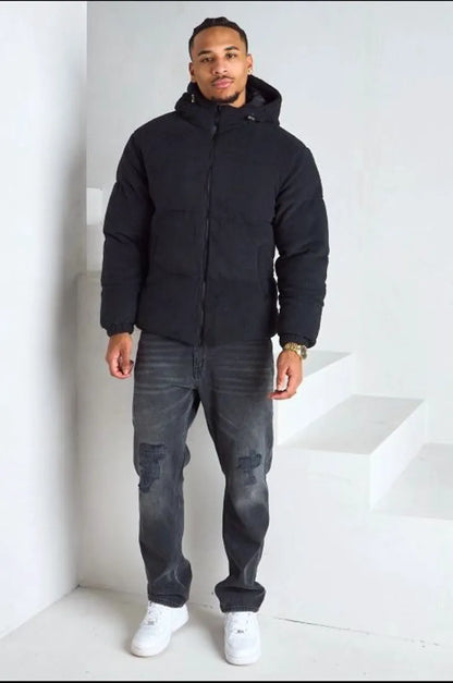 Veste noire à capuche style bomber effet mouton