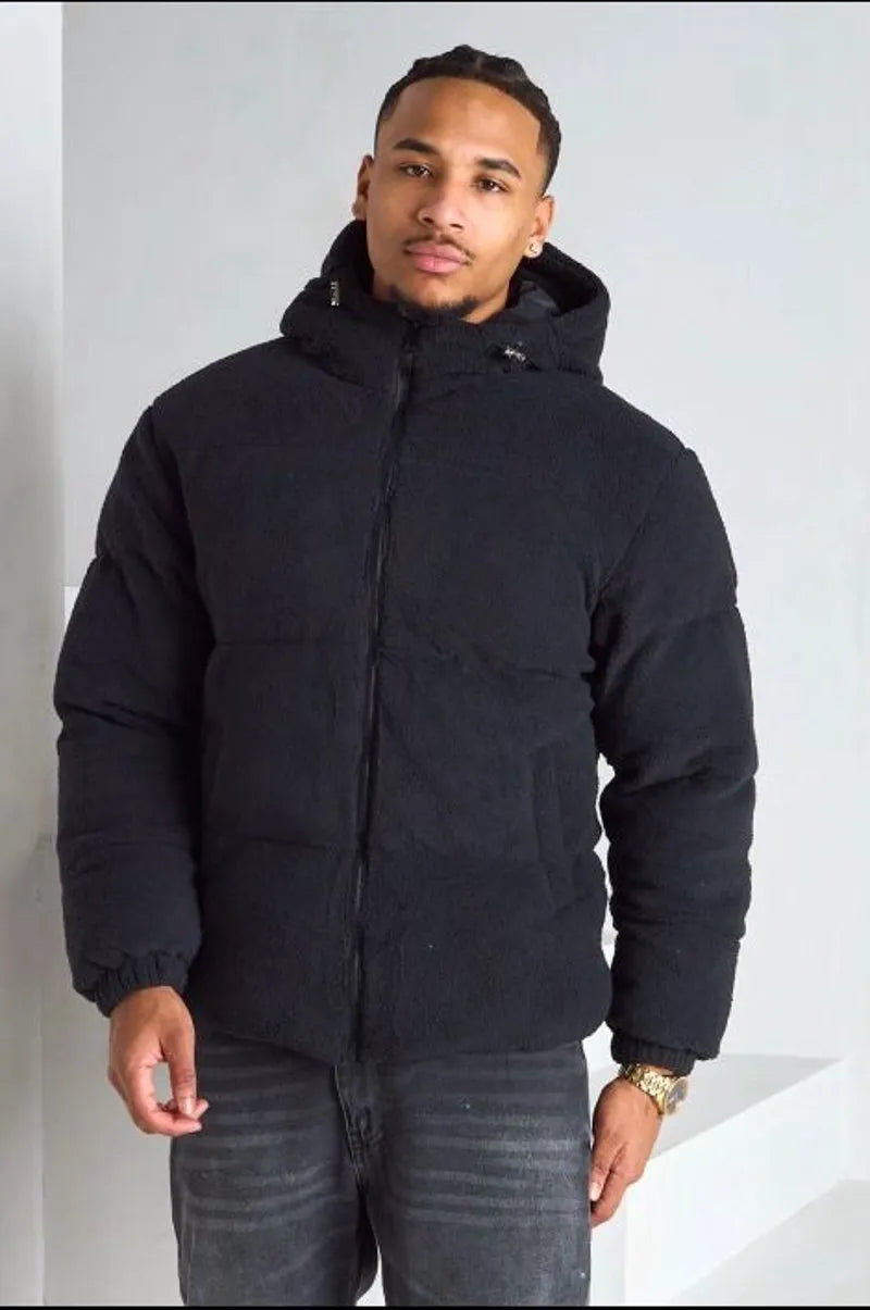 Veste noire à capuche style bomber effet mouton
