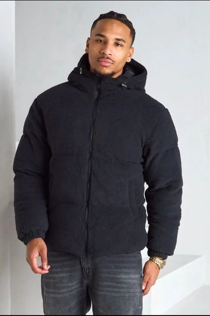 Veste noire à capuche style bomber effet mouton