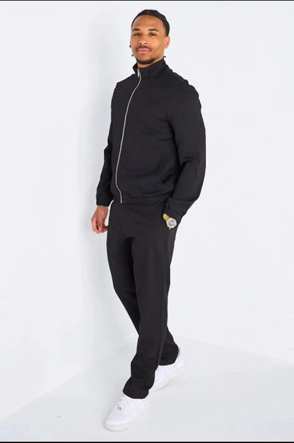 Ensemble deux pièces noir veste à col rond et manches longues + pantalon coupe droite